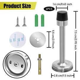 4Pcs Sound Dampening Brushed Door Stop, 75mm Stainless Steel Wall Mounted Doorstop, Modern Door Stopper with Rubber Bumper Tip Tape Screws, Heavy Duty Skirting Board Buffer for Bedroom Office Hotel
