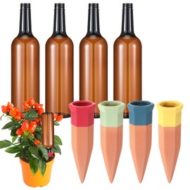 Baderke 8 Pcs 4 Set Plant Watering Devices, Terracotta Watering Spikes with 25 oz Plastic Wine Bottles, Slow Release Vacation Insert Automatic Plant Waterer Device for Indoor Outdoor (Assorted Color)
