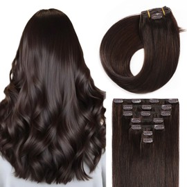 Sunya Clip-In Real Hair Extensions, Dark Brown, Remy Clip-In Real Hair Extensions, Natural Straight Hair Clip-In Extensions, Skin Weft, 80 g, 20 Inches, 7 Pieces with 16 Clips