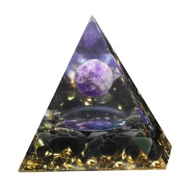 KYEYGWO Positive Energy Pyramid Stone with Reiki Healing Amethyst Crystal Ball and Ammonite Fossil Symbol, Chakra Crystal Pyramid Obsidian Healing Stone Pyramid Desktop Ornament Home Decoration