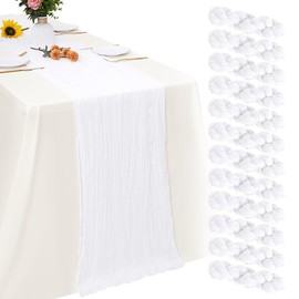 Aktor 12 Pack White Table Runner Boho Cheesecloth Table Runner Semi Sheer Gauze Fabric Runners for Wedding Birthday Baby Shower Party Boho Table Decoration（White）