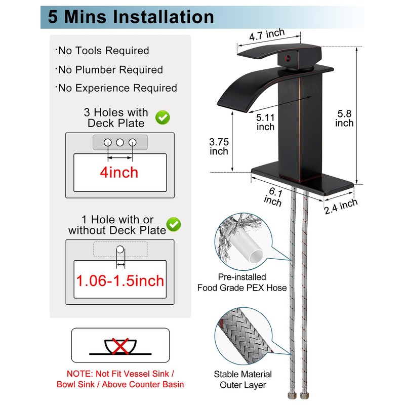 HOIGY Waterfall Bathroom Faucet Oil Rubbed Bronze, Brass 4 Ins