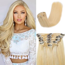 Extensiones Clip-In 50 cm (20") 10 Piezas 100g Cabello Humano Liso 100% Remy Rubio Platino | Doble Trama para Máxima Densidad y Sin Caída | Fácil Aplicación, Look Largo para Mujeres