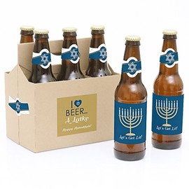 Big Dot of Happiness Happy Hanukkah - Chanukah Decorations for Women and Men - 6 Beer Bottle Label Stickers and 1 Carrier
