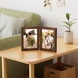 decorUhome Double 5x7 Picture Frame Vertical, Engineered Wood Bifold Photo Frame with Plexiglass for Tabletop Display, 5x7, Brown