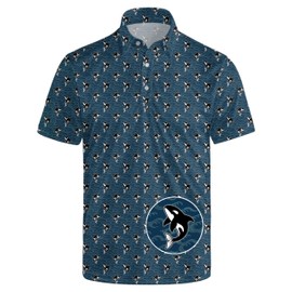 GUYEP Killer Whale Golf Shirts for Men Whale Golf Polos Short Sleeve Moisture Wicking Quick Dry Ocean Wave Print Blue Polo Shirts for Men