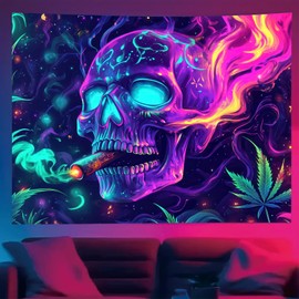 Starlit Patio Blacklight Skull Tapestry UV Reactive Trippy Skeleton Tapestry Magic Neon Horror FaceHalloween Wall Hanging Aesthetic Poster for Bedroom Living Room Dorm 78 x 59 Inch