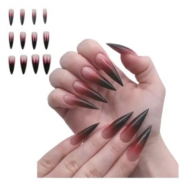 24 Pcs Postizas Largas Punta Afilada Degradado Negro Y Rojo                                                                                           