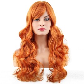 RightOn Orange Wig Long Curly Orange Wig with Bangs for Women Daily Party Hairnet Include