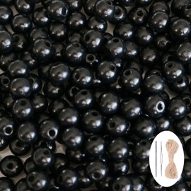 400Pcs Black Wooden Beads with Hole, Round Loose Beads Natural Wood Spacer Beads with 33ft Hemp Rope 2pcs Beads Needle for Necklace Bracelet DIY Craft Supplies - 12mm