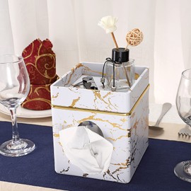 Sumnacon Leather Square Tissue Box Cover - Decorative Cube Tissue Box Holder with Tray, Stylish Facial Tissue Holder for Bathroom Vanity Dresser Table Home Office Bar, Marble Gold