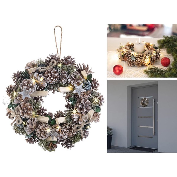infactory Door Wreath: Advent and Christmas Wreath with LED Lighting, Green/Brown, Diameter 30 cm (Door Wreath LED Christmas, Door Wreath Christmas LED Timer, Fairy Lights)