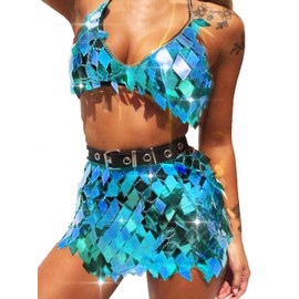 Aukmla Women Sequin Rave Outfits Dance Body Chain Skirt with Top Nightclub Outfit, Blue, One Size