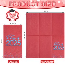 100pcs Class of 2025 Graduation Napkins, Disposable Congrats Grad Cocktail Napkins Foil Dot Paper Hand Towels for 2025 High School University College Graduation Party Decorations(Red Blue）