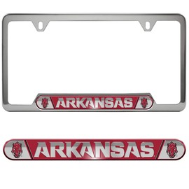 FANMATS 61975 Arkansas Razorbacks Embossed License Plate Frame, Stainless Steel Frame with Stamped Aluminum Team Logo Inserts, 6.25in x 12.25in