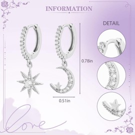 Small Hoop Dangle Earrings 925 Sterling Silver CZ Diamonds Round Huggie Earrings For Men Women (silver, Moon Star)