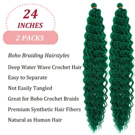Boho Curly Wavy Braiding Hair Green Deep Water Wave Crochet Hair Ocean Wave Braiding Hair Pre Stretched 24 Inch 2 Packs Green Boho Curls Hair for Braiding Synthetic Bohemian Crochet Braids