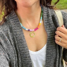 Dtexhif Natural Stone Beaded Necklace for Women Boho Colorful Beads Choker Necklace Rainbow Charm Necklace Surfer Beach Necklace Jewelry Gift (Black), Medium