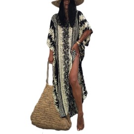 Eddoyee Flower Snake Pattern Bathing Suit Cover Ups for Women Short Sleeve Side Split Kaftan Dress with Belt Black