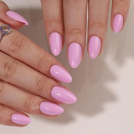 Pink Press On Nails Almond Fake Nails Short Nails Press Ons, Glossy Glue On Nails Light Pink False Nails Cute Soft Gel Full Cover Acrylic Stick On Nails for Women Manicure in 16 Sizes - 32 Nail Kit