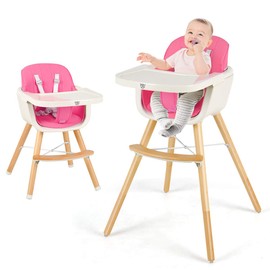 HONEY JOY Baby High Chair, 3 in 1 Convertible Wooden Highchair/Booster Seat/Infant Chair w/Removable Food Tray, Safety Belt, Adjustable Legs, Portable Dining Chair for Toddler Girl Boy (Pink)