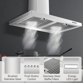 Zomagas Range Hood 30in, Wall Mount Range Hood 450CFM Kitchen Hood 3 Speed Fan,LED Light