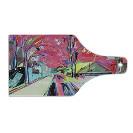 Ambesonne Fine Art Cutting Board, Funky Digital Paint Streets Sketch Style Unusual Trees Grunge Outside Urban Design, Decorative Tempered Glass Cutting and Serving Board, Wine Bottle Shape, Multicolor
