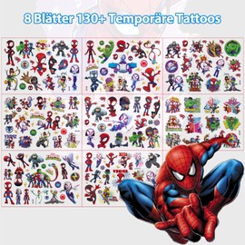 Temporäre Tattoos Kinder, 8 Blätter Spider Tattoo für Kinder, Cartoon Kindertattoos Deko Kindergeburtstag, Geburtstag Party Geschenk Kleine, Hautfreundliche Temporäre