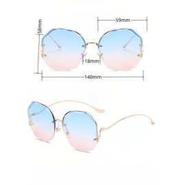 Chinshwehaw 2025 Designer Sunglasses Women - Frameless Geometric Cat Eye, Gold Metal Frame & Blue Pink Gradient Lens, UV400, Lightweight Luxury Sun Glasses for Driving, Beach, Street Style