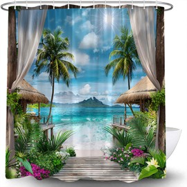 Ocean Beach Shower Curtain Tropical Summer Palm Tree Leaves Blue Sky Sea Wave Hawaii Vacation Seaside Island Landscape Natural Scenery Wooden Windows Fabric Bath Curtain with Hook