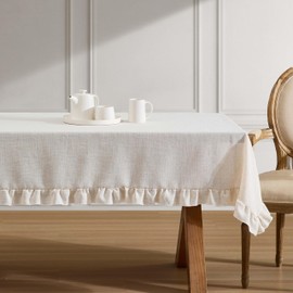 Laura Ashley Dothan Luxury Linen Blend Ruffled Tablecloth for Formal Dining, Holiday, Wedding or Party, 60" x 84", Taupe