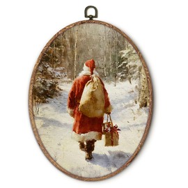 Hxlac Vintage Christmas Santa Claus Oval Wall Art Framed, Winter Christmas Oval Wall Decor, Cottagecore Forest Hanging Canvas Prints Wall Sculptures for Farmhouse Home Room Decor, 8.5x11.5 Inch