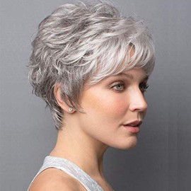 SEVENCOLORS Short Grey Wigs for White Women Pixie Cut Gray Wigs with Bangs Natural Curly Synthetic Hair Short Mixed White Wig for Older Women