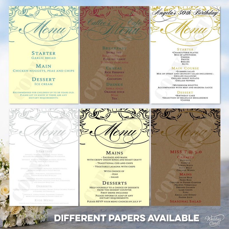 10 x Wedding Menu Party Menu Table Cards A6