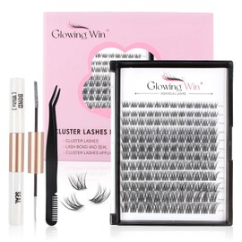 Glowing Win Individual Eyelash Extensions Set DIY Cluster Lashes Extension Kit Individual False Eyelashes with Lash Bond and Seal and Tweezers 144 Pieces Eyelash Extension 8-16 mm Natural Fake Lashes