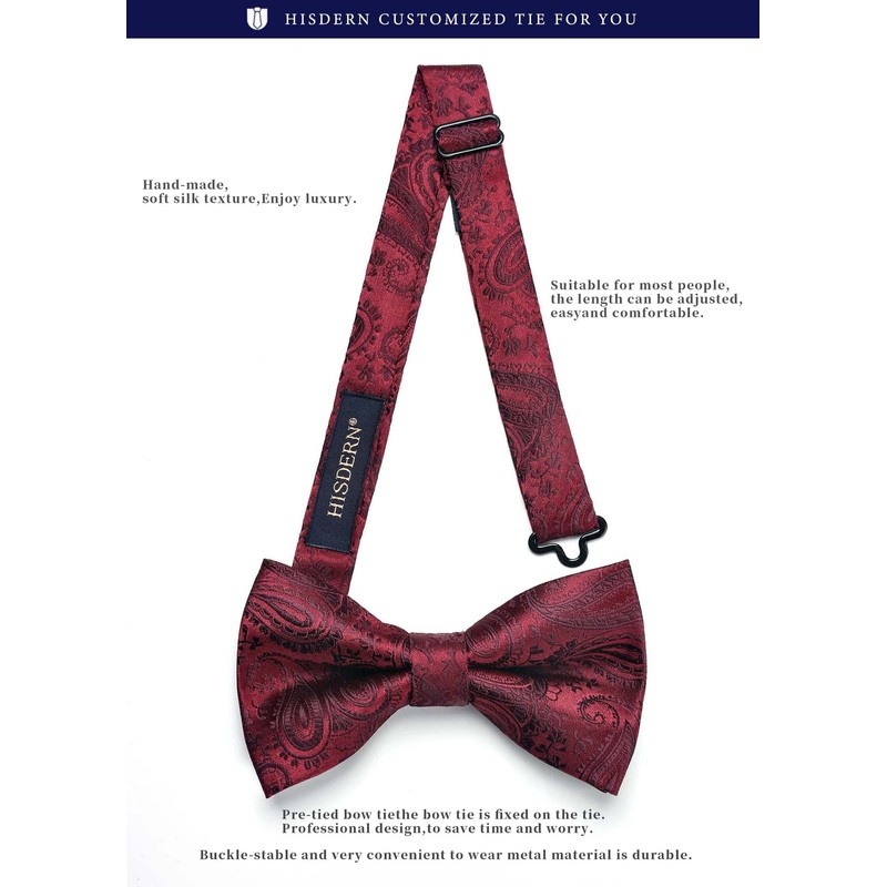 HISDERN Men's Bowtie, One-Touch Bowtie, with Chief, Adult, Weddings, Hook