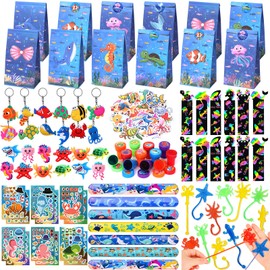 Winrayk 148Pcs Under the Sea Party Favors Birthday Supplies Kids Ocean Sea Animal Toy Gift Bag Sticky Hand Bookmark Diy Sticker Stamper Ring Boys Girls Goodie Bag Stuffers Ocean Birthday Party Favors