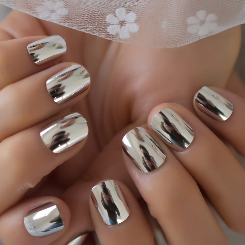 Coolnail 24pcs Short Round Mirror Fake Nails Metallic Silver Full