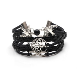 Odetojoy Black PU Leather Bracelet Wristlet Bangle Wrist Band Hand Chain Women Bird Tree of Life Infinite Multilayer Leather Bracelet, Leather, No information