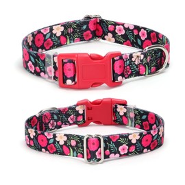 Red Dog Collar with Flower, Pretty Floral Pattern Design Quick Release Buckle Soft Nylon Female Puppy Collars Adjustable for Xs Small Medium Large Pet Girl Dogs Cats, S