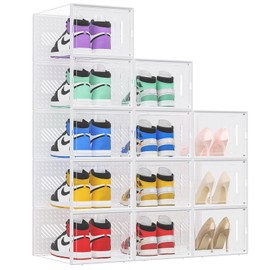eWonLife XX-Large Storage Box with Magnetic Door, 12 Pack Clear Plastic Stackable Sneaker Organizer for Closet, Connect Left and Right Shoe Containers Bins for Entryway, Drop Front, Under Bed, White