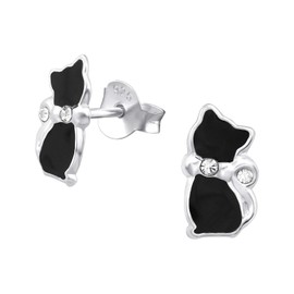 Monkimau Girls' Earrings Cat Stud Earrings Made of 925 Sterling Silver with 4 Crystals, Sterling Silver