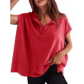 Tankaneo Womens Oversized Cap Sleeve Polo Shirts Summer Casual V Neck Tops Loose Fit Collared Cotton Tee Shirts
