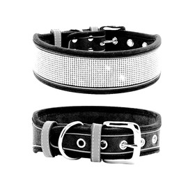 Rhinestone Dog Collar, Dazzling Sparkling Soft Suede Reflective Large Dog Collar Crystal Diamond Collar for Medium & Large Dogs (S:12-15'', Black), Clear