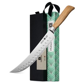 Mitsuharu 10" Butcher Knife, SHOMAN Series Curved Cimitar Breaking Knives, with Ergonomic Olive Wood Handle, German Steel Carving, Sharp Meat Slicing for Roast Ham with Case (Butcher Knife)