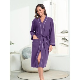 Vlazom Waffle Dressing Gowns Unisex Kimono Robe Cotton Lightweight Bathrobe for All Seasons Spa Hotel Sleepwear, Dusky Purple, M