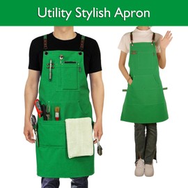 Stenffy Handmade Work Apron,Cotton Canvas,Multiple Pockets,Adjustable Cross Back Weight Apron,BBQ,Cafe,Kitchen,Painting,Carpenter,Artist Apron,Aprons for Men,Women,Sizes M to XXL,Green