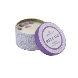 Aluminate Life Luxury Candle Tin, 6 OZ, Release - Amethyst Healing Crystal Infused - Scents of Lavender, Bergamot, & Frankincense - Relieve, Support, & Transform - Coconut Wax, Essential Oils