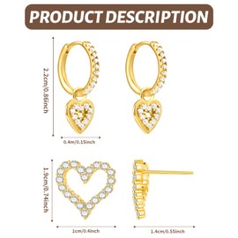 Heart Hoop Earrings Set, 2 Pairs Hypoallergenic Cartilage Huggie Hoop Earrings with Cubic Zirconia, Gold/Silver Piercings Hoop Earrings, Earrings Heart Hanging for Women, Copper