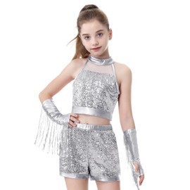 LOLANTA Girls Sequin Dance Costume, Glitter Hip Hop Jazz Dance Outfit, Kids Street Dance Clothing with Sleeveless Top and Shorts, silver